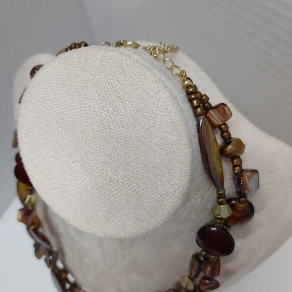 2/$30 Brown Glass Bronze Tone Pearls Necklace Beads Boho Retro Vintage doble 20" - Picture 3 of 8